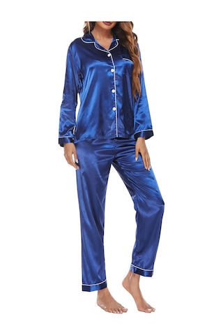 Kadın Pijama Takımı Uzun Kollu Çentikli Yaka Düğmeli Yumuşak Saten Pijama - Saks Mavisi Saks