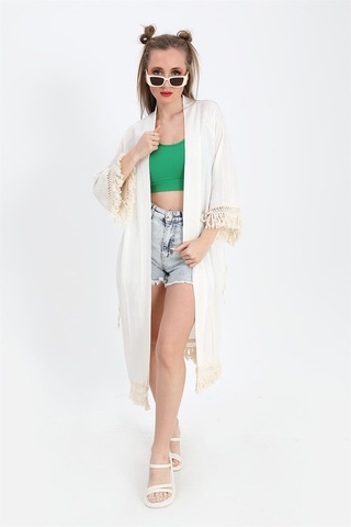 Kimono Palmiye Baskılı Püsküllü - Ekru-ekru Ekru