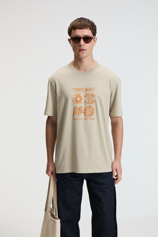 Grimelange SWEET Erkek %100 Pamuk Oversize Fit Baskılı Kısa Kollu Yuvarlak Yakalı Taş Rengi T-Shirt