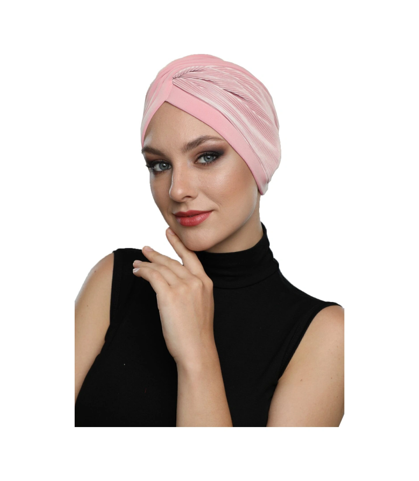 Çapraz Plise Astarlı Hazır Türban Ve Tesettür Bonesi Pudra