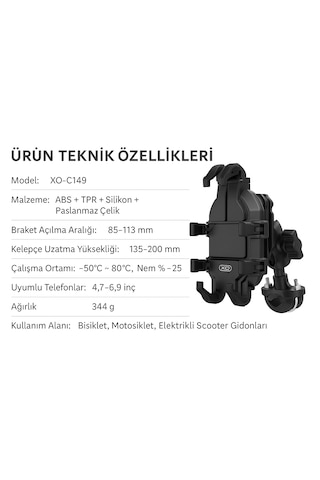 Titreşim Önleyici Gidon Telefon Tutucu Dayanıklı Abs Paslanmaz Çelik Yapı 4.7-6.9" Uyumlu Mat Siyah