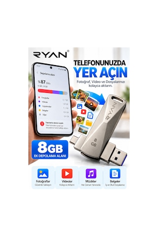 8 Gb Otg Flash Bellek Type-c Usb Bellek Usb 3.0 Çift Girişli 2in1