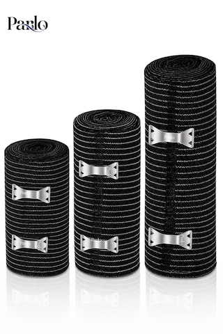 Parlo Siyah Elastik Bandaj 3 Lü Set 10-15-20 Cm %300 Esnek, 4,5 M Ye Kadar Uzayan, Metal Kancalı Bandaj Seti