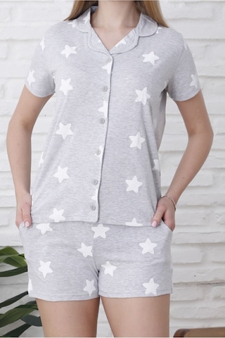 Kadın Şortlu Pijama Takımı Düğmeli Kısa Kollu Pamuklu Cepli Likralı Gri Gri