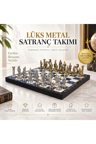Lüks Metal Satranç Takımı Osmanlı Bizans Figürlü Krom Mavi Mermer Desenli 20x20 Premium Hediye Seti