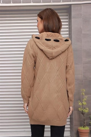Aqe Fashion Kapüşonlu Kabartma Desenli Şerit Garnili Camel Hırka CAMEL Camel