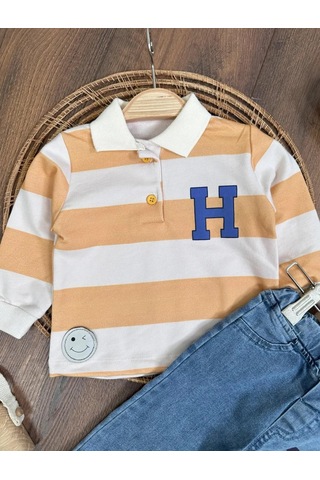 Şerit Çizgili Detaylı Likralı Polo Yaka Erkek Bebek Takım Sari