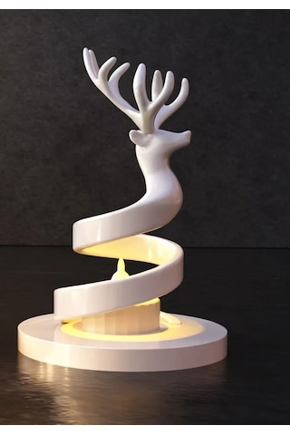Buradabulabilirsin 3d Baskı Spiral Ren Geyiği Mumluk Yılbaşı Dekoratif Ren Geyiği Tealight Mum Tutucu - Beyaz Bbz