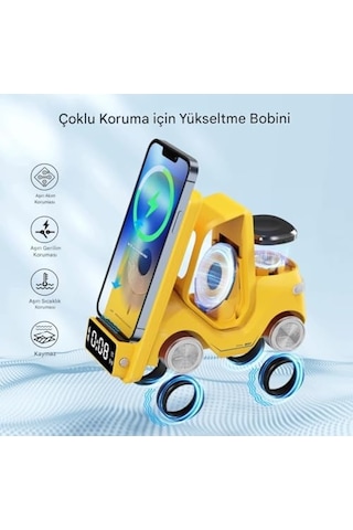 T20 15w 5 İ 1 Arada Magsafe Kablosuz Şarj İstasyonu, Dijital Saatli Forklift Tasarım, İphone 16/15/14/13/12, Apple Watch, Airpods Uyumlu Masaüstü Hızlı Şarj Standı Sarı
