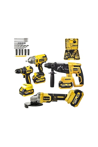 Assur Asr1192 Profesyonel Akülü Kömürsüz 4 Lü Matkap Seti 21v 3ah - 800nm Somun Sökme, 26mm Kırıcı Delici, 13mm Darbeli Vidalama, 125mm Avuç Taşlama Sarı