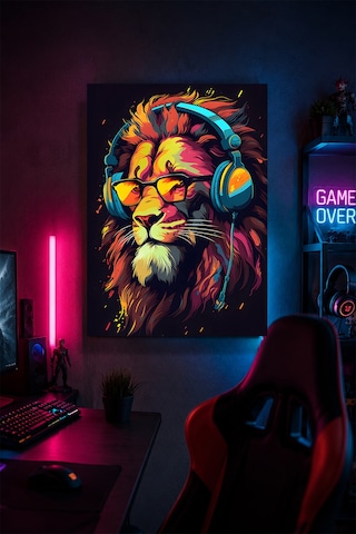 Gaming Aslan Metal Duvar Tablosu Kulaklıklı Gözlüklü Gamer Oda Dekoru 30x40 Cm A3 Boyutunda