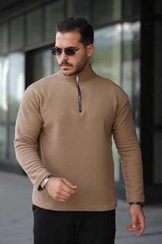 Zenna Tarz Erkek Zip Yaka Polar Sweat Sütlü Kahverengi