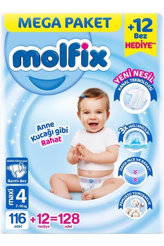 Molfix Bebek Bezi Beden:4 7-14kg Maxi 128 Adet Mega Pk 4 Numara