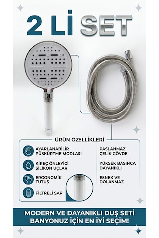 2'li Set 6 Fonksiyonlu Lüks Masajlı Filtreli Duş Başlığı +paslanmaz Sprial Hortumlu Duş Set Beyaz - Gümüş
