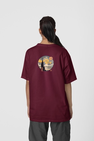 Yıldızlı Gece Ön-arka Baskılı %100 Pamuk Beyaz Kadın/erkek Unisex Rahat Kalıp Oversize T-shirt Bordo