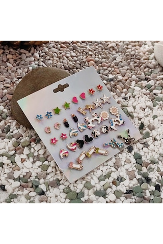 Chavin Çocuk Genç 20 Çift Mineli Figür Küpe Seti Er13 Çok Renkli