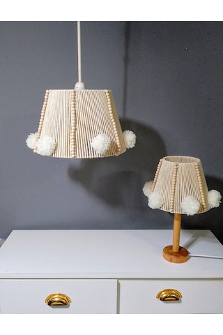 Çocuk Odası Avize Bebek Odası Avize Makrome Abajur Set Boncuk Ponpon Avize Ekru