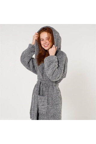 Uzun Welsoft Kapüşonlu Kadın Sabahlık Gri
