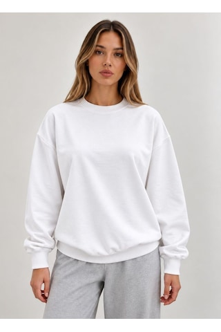 Kadın Şardonsuz İki İplik Sweatshirt Beyaz