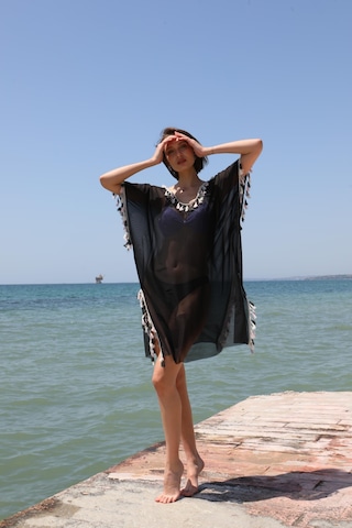 Modi Moda Çizgi Kadın Püsküllü Tunik Pareo Plaj Elbisesi Siyah 38050