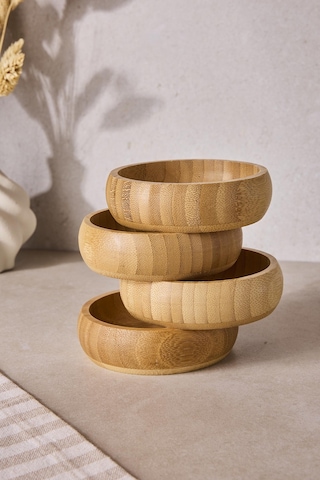 Snacks 4'lü Yuvarlak Bambu Çerezlik 9,5 Cm Kahverengi