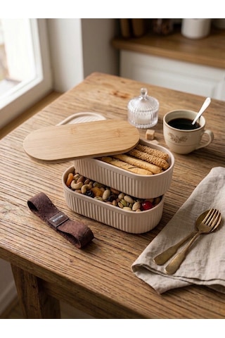 Premium Bambu Kapaklı Çift Katlı Lunch Box - Modern Tasarım Kilitli Beslenme Kutusu Ve Saklama Kabı Krem