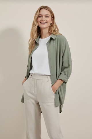 Yxc Trend Maker Oversize Uzun Basic Bayan Keten Gömlek Haki