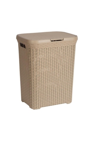 Bej Plastik Hasır Desenli Kapaklı Çamaşır Sepeti 55 x 43 x 33 CM