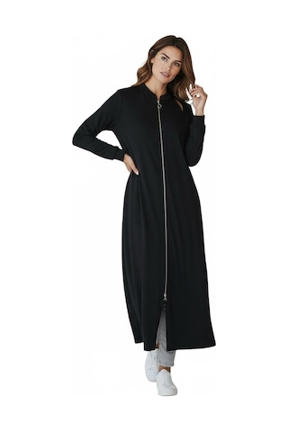 Kadın Önü Fermuarlı Kolu Manşetli Gizli Cepli Mevsimlik Kap Siyah