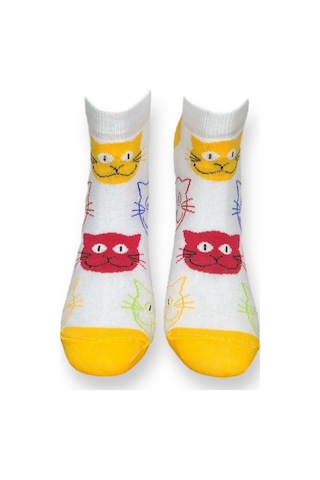 Me-vo Tekli Beyaz Renkli Bay/bayan Unisex Esnek Nem Alabilen Pamuklu Kedi Desenli Patik Çorap Beyaz