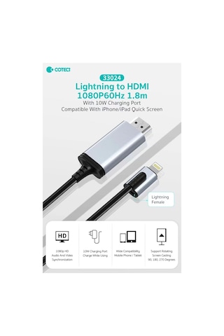 Lightning To Hdmı Kablo iPhone Uyumluİpad Tv Görüntü Aktarıcı 10w Şarj Girişli 1080p 60hz 1.8 Metre