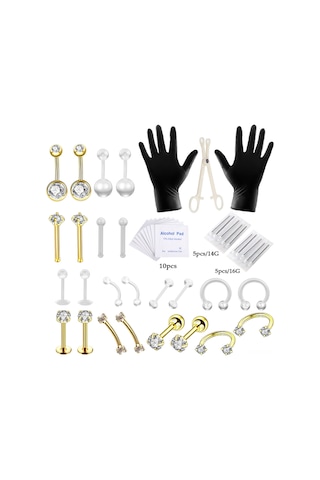 Wezone 47 Parça Paslanmaz Çelik Delme Seti - Dudak Burun Kaş Kulak Belly Piercing İğneler, Taçlı Tasarım, Tersiyer Aletler, Hijyenik Malzemeler İle Tam Zirve Altın Beyaz Pırlanta