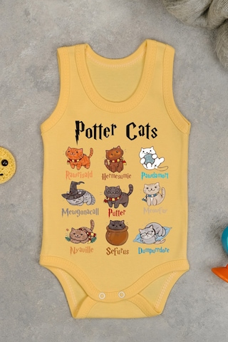 Bebetospik %100 Pamuklu Potter Cats Baskılı Yumuşak Doku Baskılı Zıbın & Body Sarı