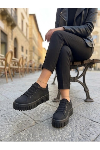 Gamelu Vıgor Kadın Lastikli Memory Foam Kalın Taban Keten Sneaker Ayakkabı Siyah