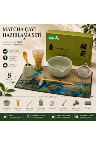Herbarius 8 Parça Adaçayı Yeşili Renk Matcha Çayı Hazırlama Seti - Geleneksel Japon Matcha Seti