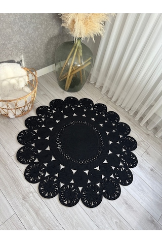 Natura El Dokuma Jüt Bohem Tarz Otantik Salon Oturma Odası Koridor Natural Halı Pamuklu Halı Siyah