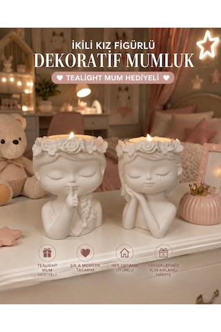 İkili Kız Figürlü Dekoratif Mumluk Seti Tealight Mum Hediyeli 2