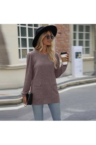 Novahub Kadın Mavi Bol Kabarcık Tişört, Rahat Kollu Üst, Sonbahar Kış Moda Mavi