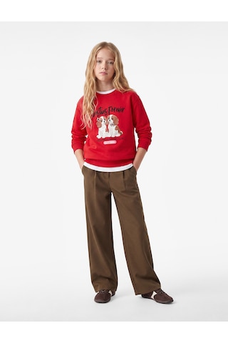 Koton Köpek Baskılı Uzun Kollu Bisiklet Yaka Üç İplik Şardonlu Sweatshirt Kırmızı 7wkg10256ak