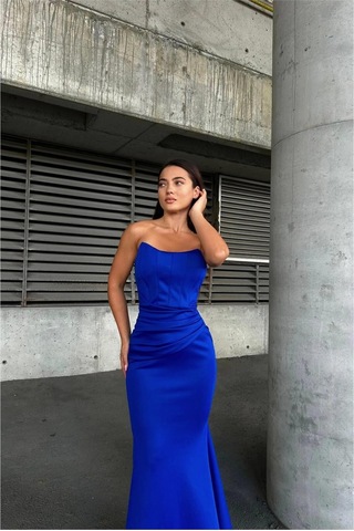 Khi-zai Kadın Şık Model Esnek Likralı Kumaş Straplez Maxi Abiye Elbise Saks