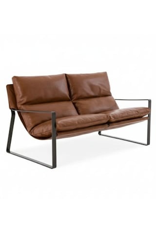 Sller Modern İkili Koltuk - Loft Tasarım Deri/kumaş Bahçe Ve Balkon Kanepesi - Metal İskeletli 130 Cm Taba