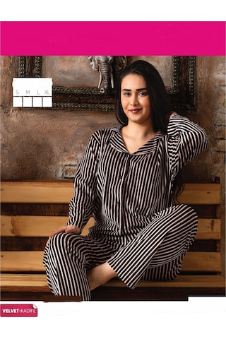 Sude Kadın Kışlık Gömlek Yaka Kadife Çizgili Pijama Takımı P200/839 - 1 Adet 001