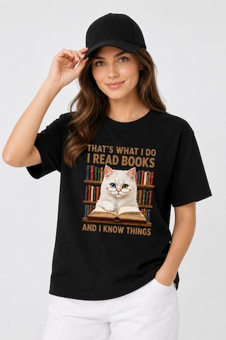 Bayloranzzo The Reader Cat %100 Pamuk Heavy Cotton Premium Kalite Kadın Tişört Siyah
