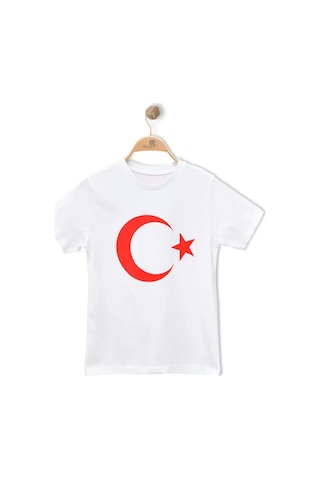 Alglıfe Unısex Çocuk Ay Yıldız Bayraklı Kısa Kol Tişört Beyaz