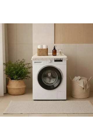 Ham Ponponlu Monica Çamaşır Makinesi Örtüsü - Çeyizlik Dekoratif Banyo Makine Kılıfı Krem