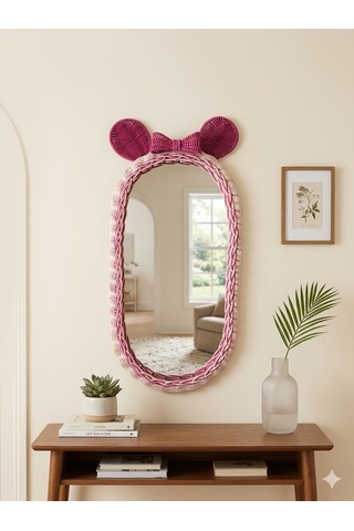 Rattan Pembe Fiyonklu Mickey Mouse Ayna