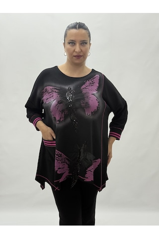 Büyük Beden Viskon Taşlı Cepli Kapri Kol Oversize Kadın Bluz Pembe