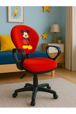 Mickey Mouse Baskılı Turuncu Çocuk Çalışma Sandalyesi Döner Koltuk, Yükseklik Ayarlı Koltuk Turuncu