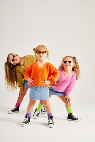 Kız Çocuk Turuncu Triko Hırka V Yaka Düğmeli + Kot - Denim Etek Kombin Turuncu