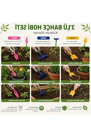 3 Lü Mini Bahçe Hobi Seti, El Aletleri Ve Saksı Bitkileri İçin Kullanışlı